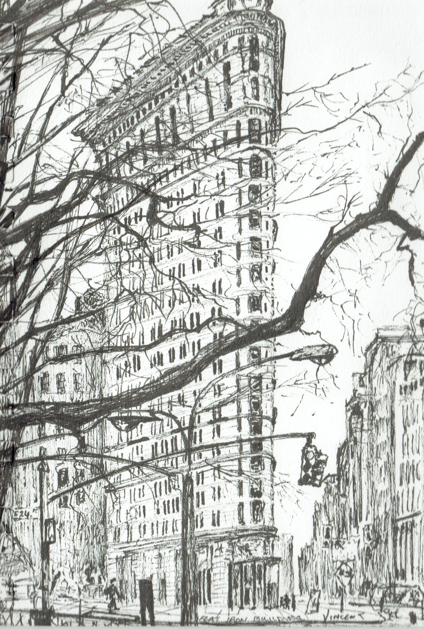 New York Flat Iron Building, 2003, (bläck på papper) av Vincent Alexander Booth