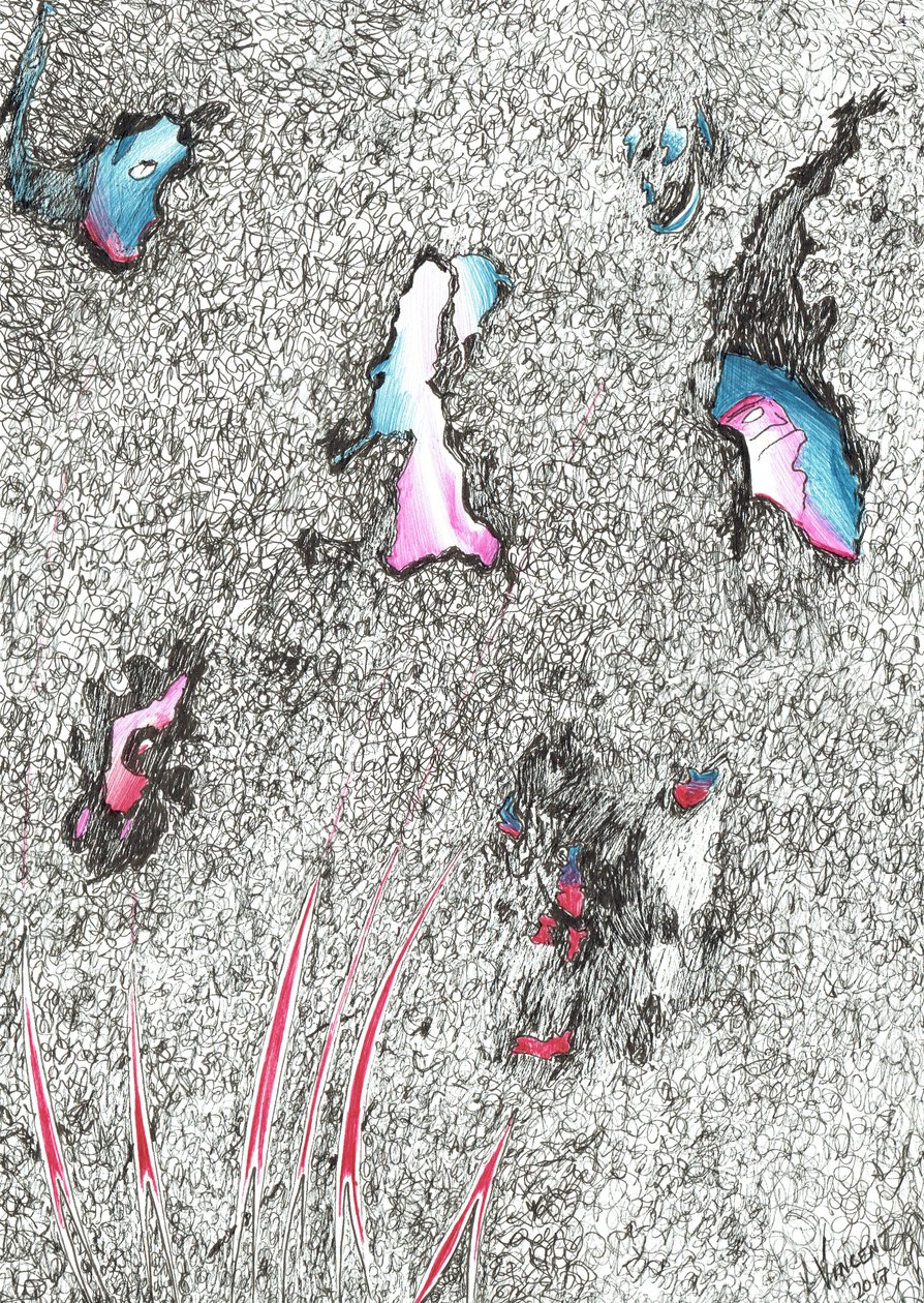 Paleheads, 2017, (bläck på papper) av Vincent Alexander Booth