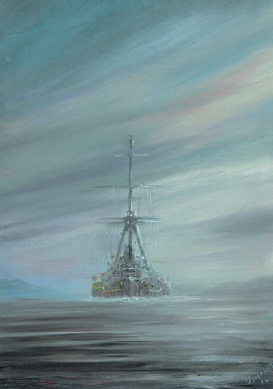 SMS Derfflinger Scapa Flow 1919, 2016, (oljebläck på duk) av Vincent Alexander Booth