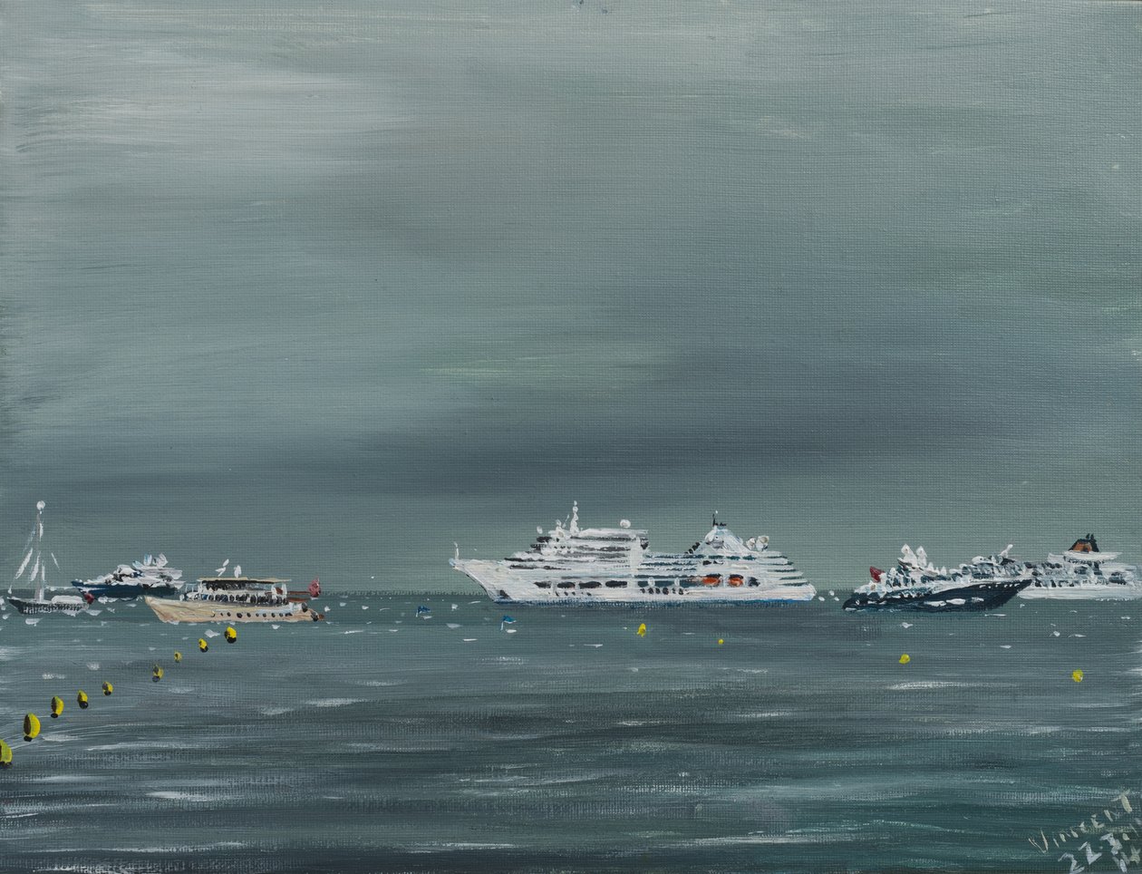 Fartyg och båtar i Cannes, 2014, (akryl på dukskiva) av Vincent Alexander Booth