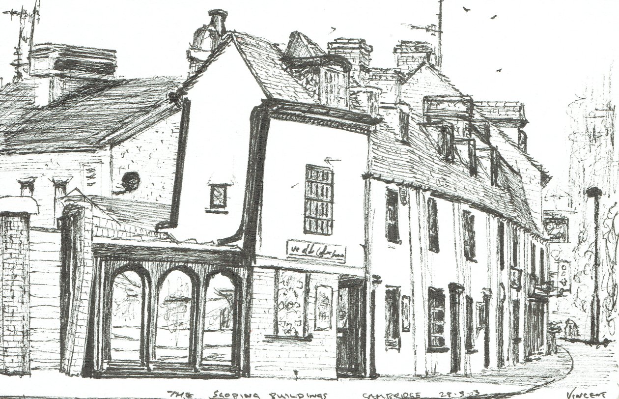 Sluttande byggnader Cambridge, 2003, (Bläck på papper) av Vincent Alexander Booth