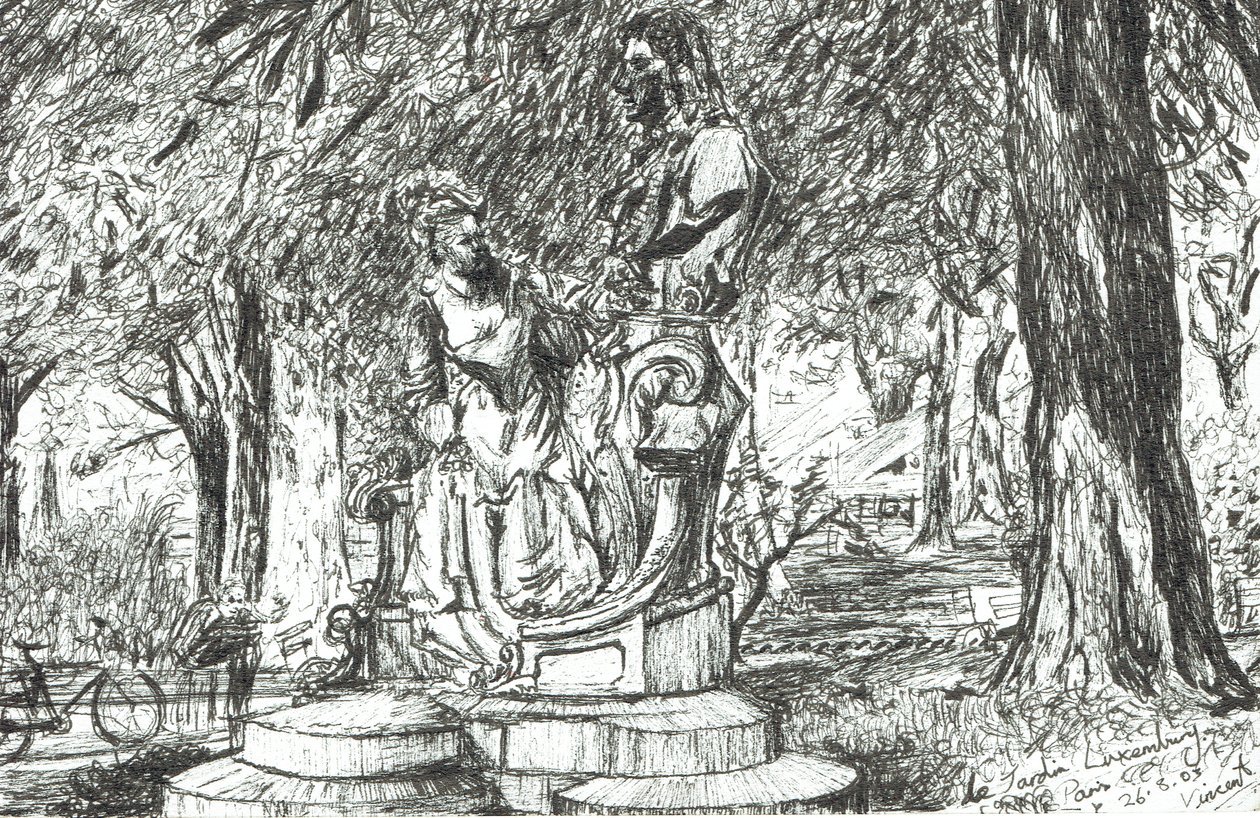 Staty i Jardin Luxembourg Paris, 2003, (Bläck på papper) av Vincent Alexander Booth