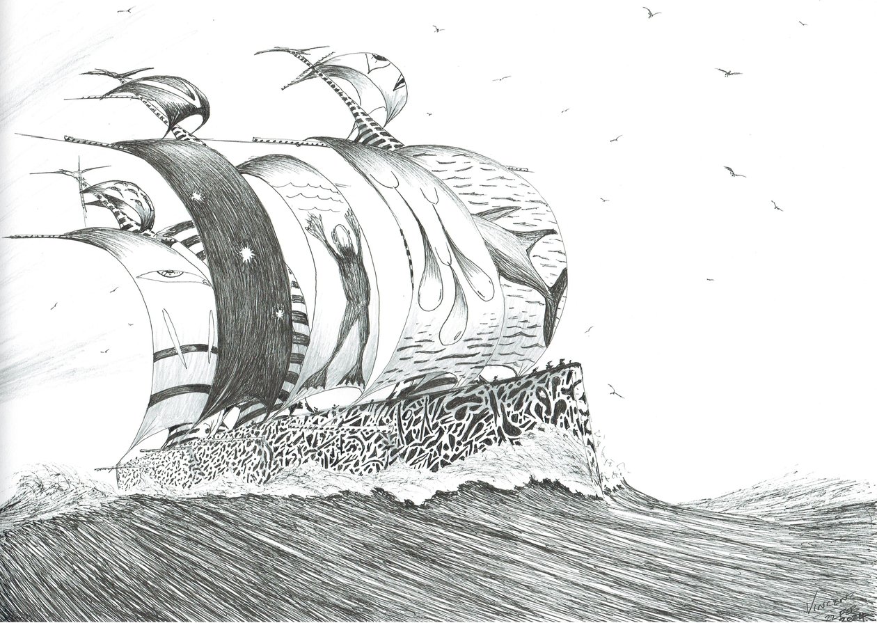 Storm Creators Cape Henlopen, 2024 (bläck och blyerts på papper) av Vincent Alexander Booth