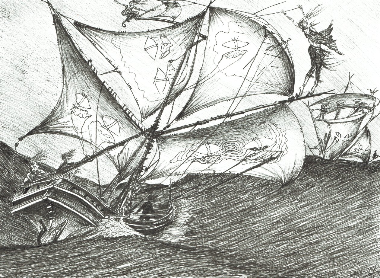 Storm Creators Indiska oceanen, 2017, (bläck på papper) av Vincent Alexander Booth