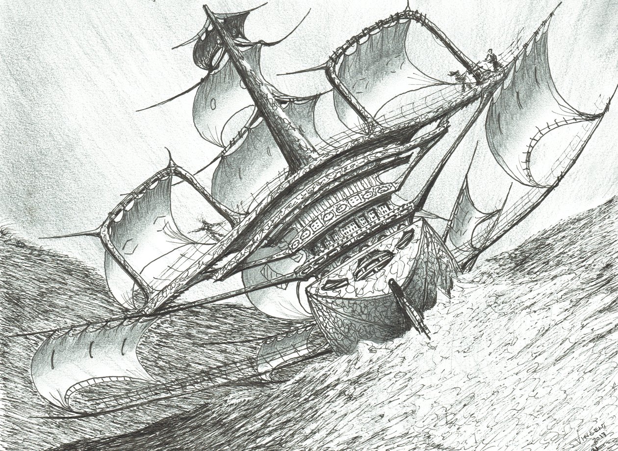 Storm Creators Risser-Larson Sea, 2017, (bläck på papper) av Vincent Alexander Booth