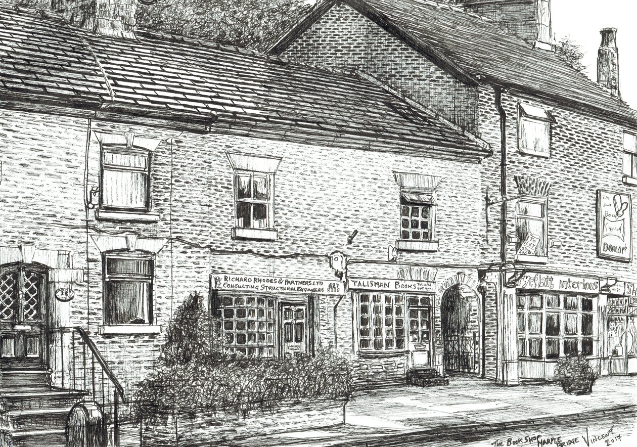 The Book shop at Marple Bridge, 2017, (bläck på papper) av Vincent Alexander Booth
