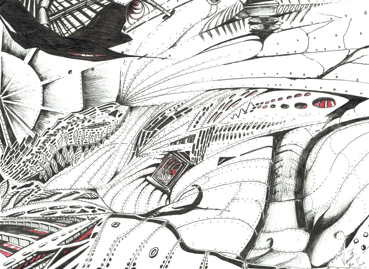 The Bringer of Red, 2016, (bläck på papper) av Vincent Alexander Booth
