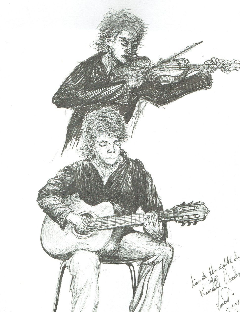 Gitarristen och violinisten på 8th day cafe Manchester, 2007 av Vincent Alexander Booth