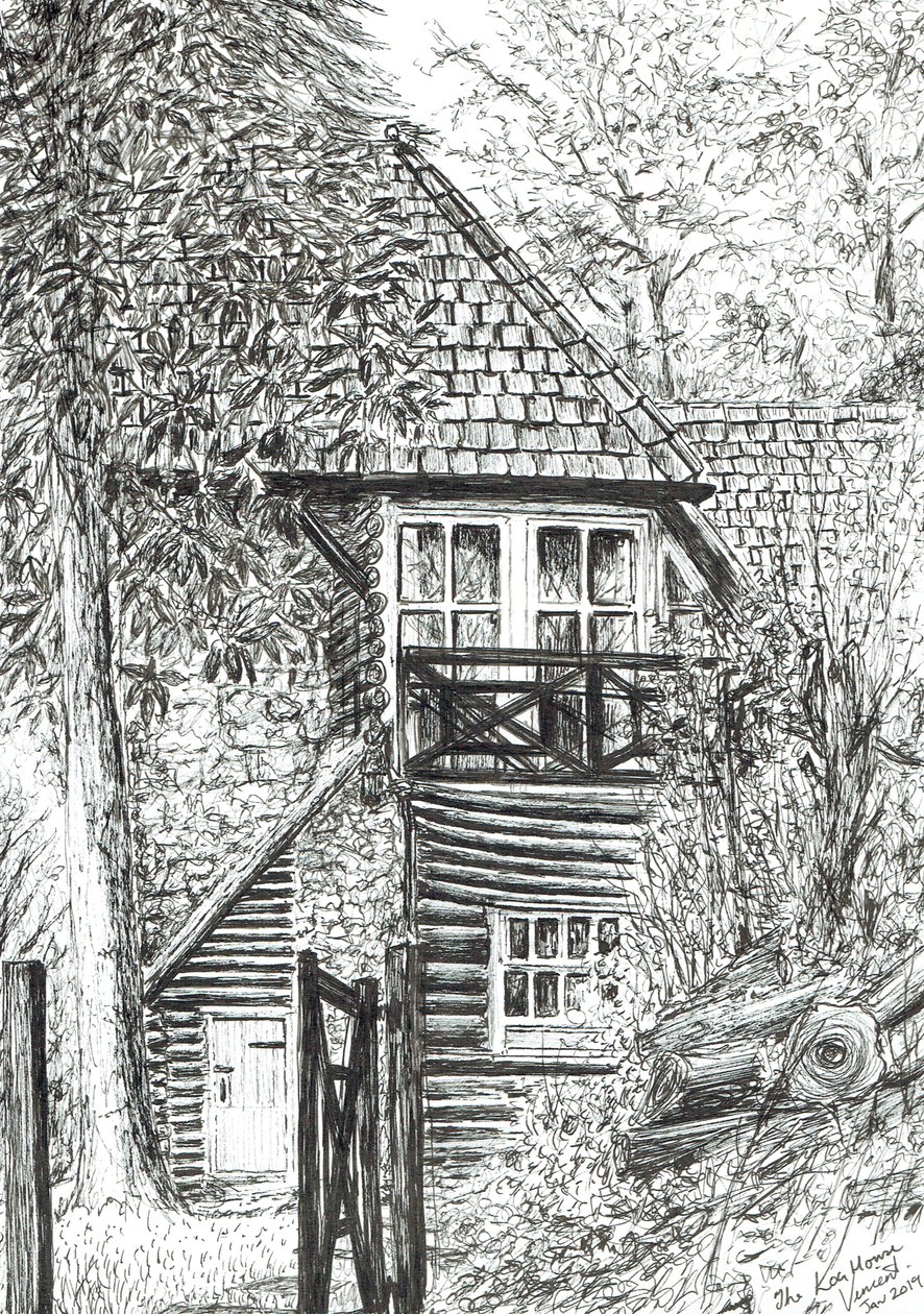 The Log House, 2019, (bläck på papper) av Vincent Alexander Booth