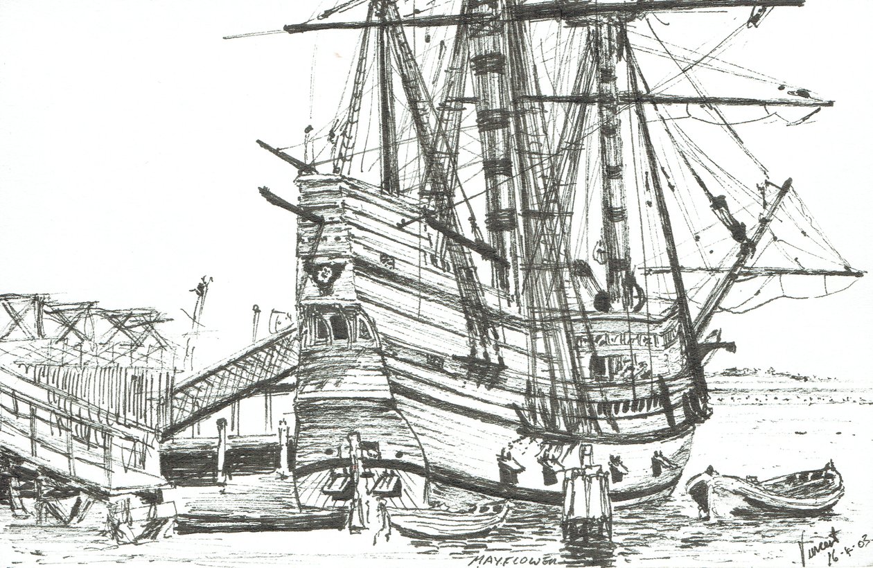 The Mayflower, Plymouth, Massachusetts. 2003, (bläck på papper) av Vincent Alexander Booth