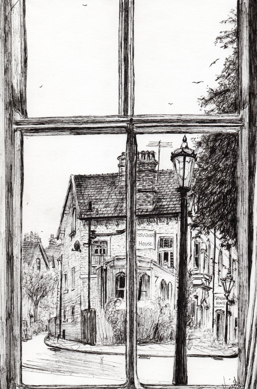 Utsikt från Old Hall Hotel Buxton, 2009, (bläck på papper) av Vincent Alexander Booth