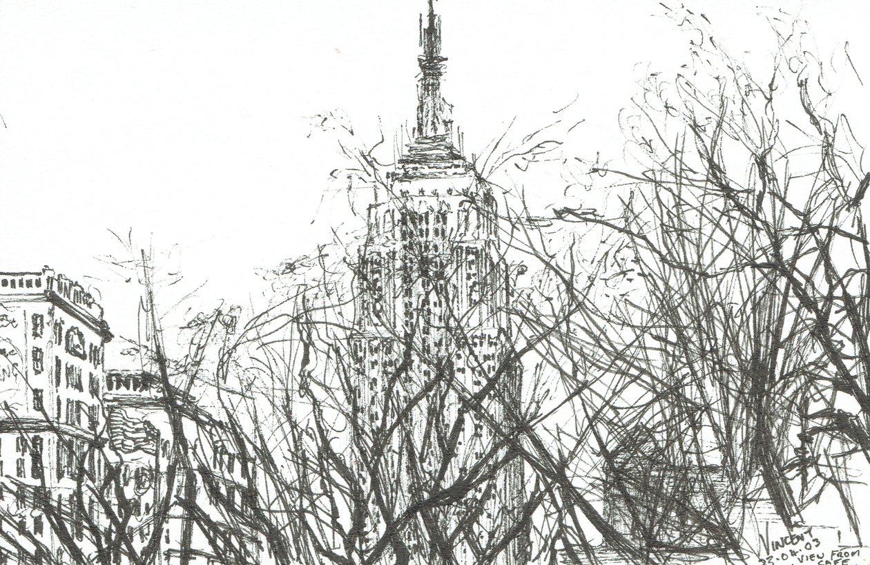 Utsikt från café New York, 2003, (Bläck på papper) av Vincent Alexander Booth