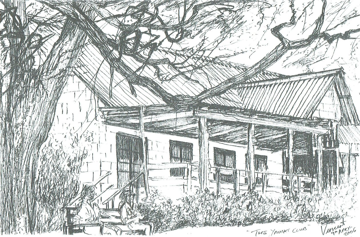 Yachtklubb vid Lake Naivasha;Kenya; 2006; (bläck på papper) av Vincent Alexander Booth