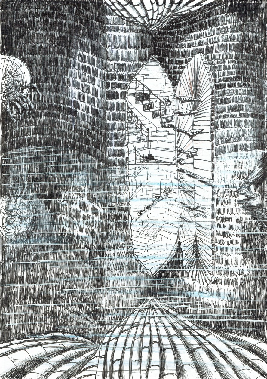 sida 23, Slottet i skogen Findhorn, 2006, (bläck på papper) av Vincent Alexander Booth