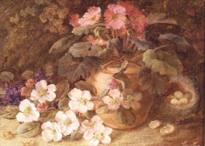 Stilleben med Apple Blossom, Primula och Bird