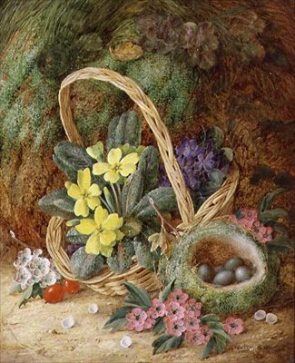 Stilleben med primörer och fågelbo (olja på duk) av Vincent Clare