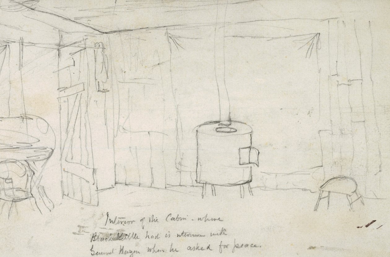 Interiör av hytten där Black Kettle hade sin interim med general Hazen när han bad om fred, 1869-71 av Vincent Colyer