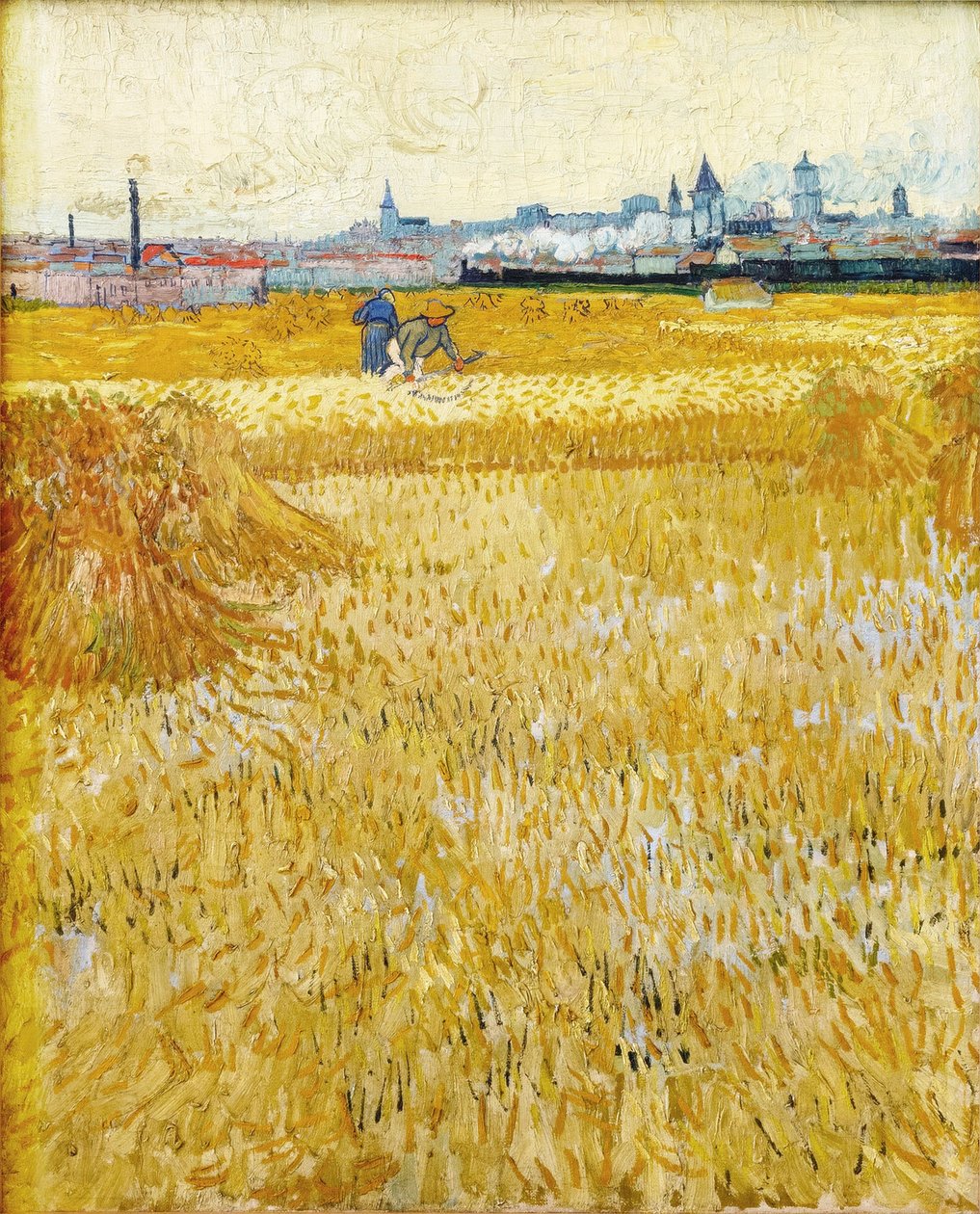 Arles: Utsikt från vetefälten The Harvesters, 1888. av Vincent van Gogh
