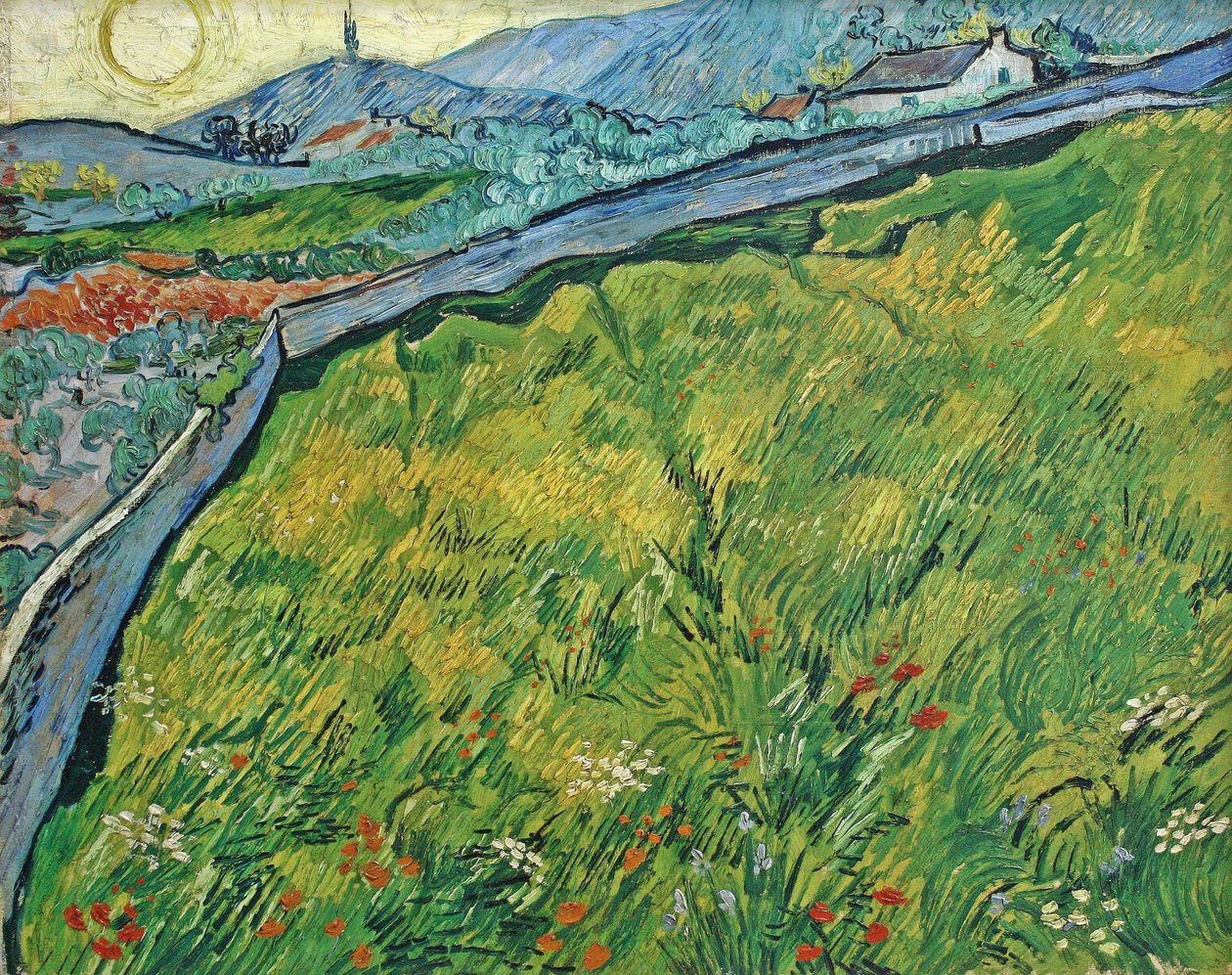 Inhägnat vetefält med uppgående sol, 1889. av Vincent van Gogh