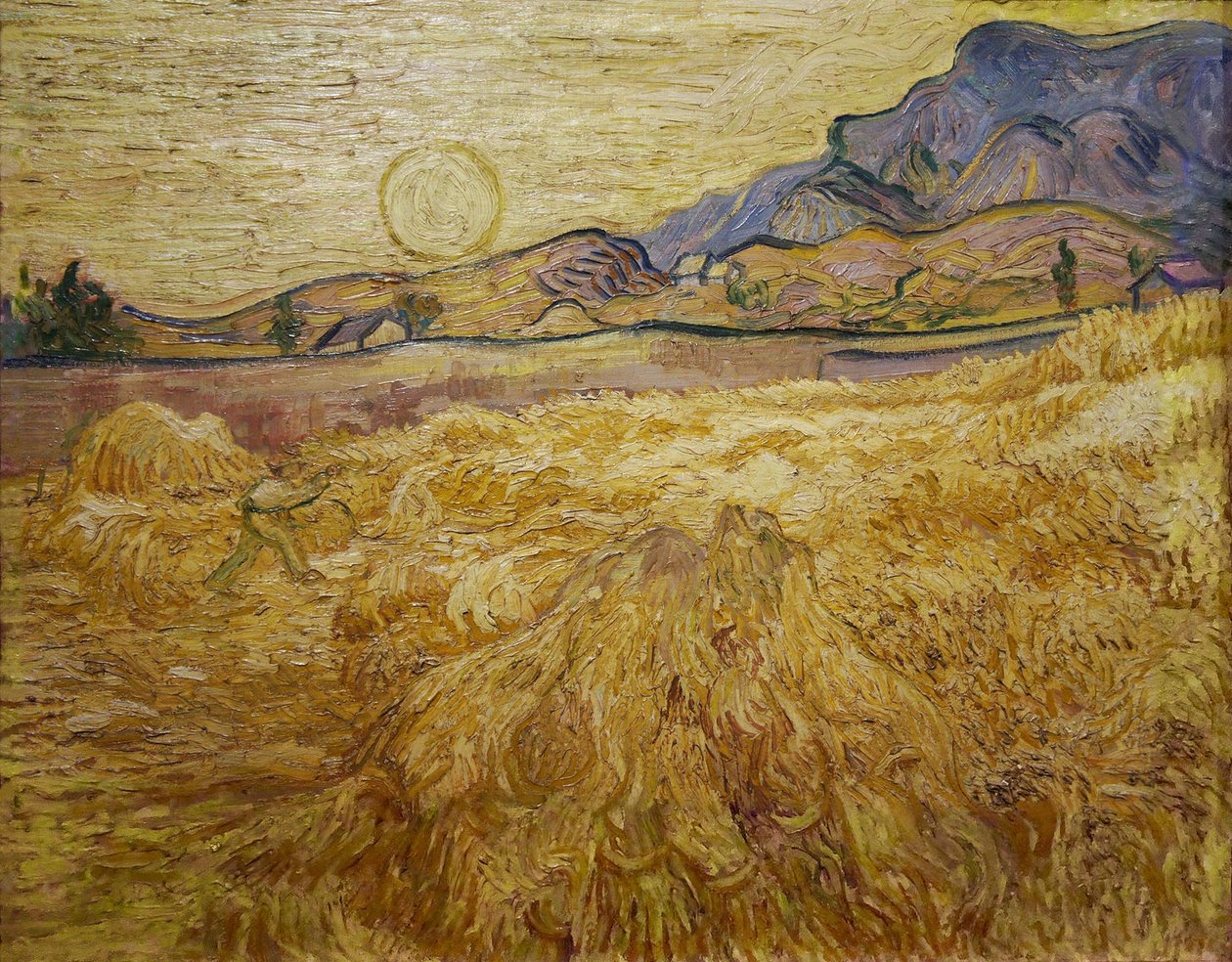Vetefält med skördare och sol, 1889. av Vincent van Gogh
