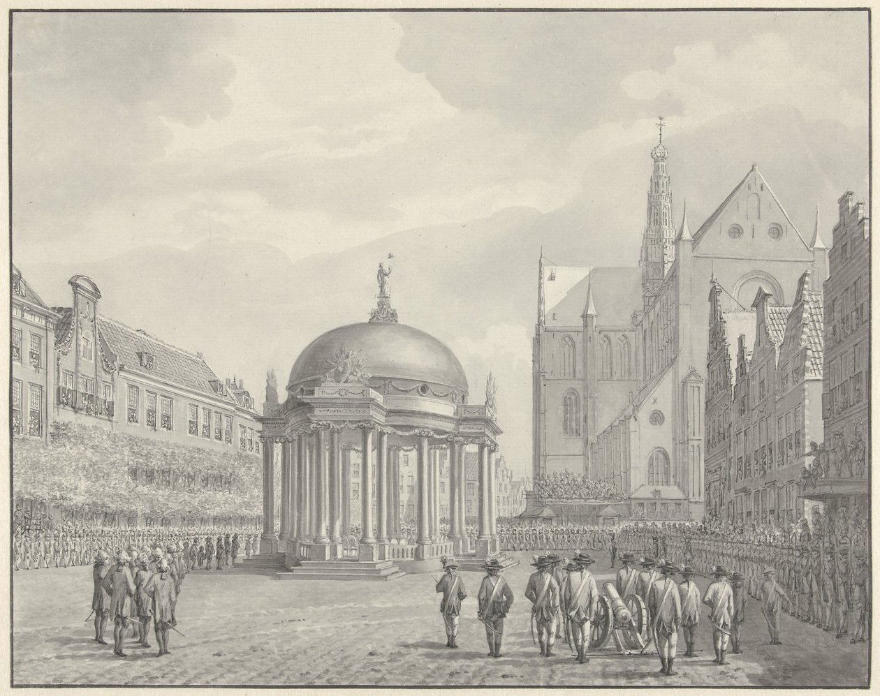 Insvärjande av regeringsbestämmelserna på Grote Markt i Haarlem, 5 september 1787 av Vincent Jansz. van der Vinne
