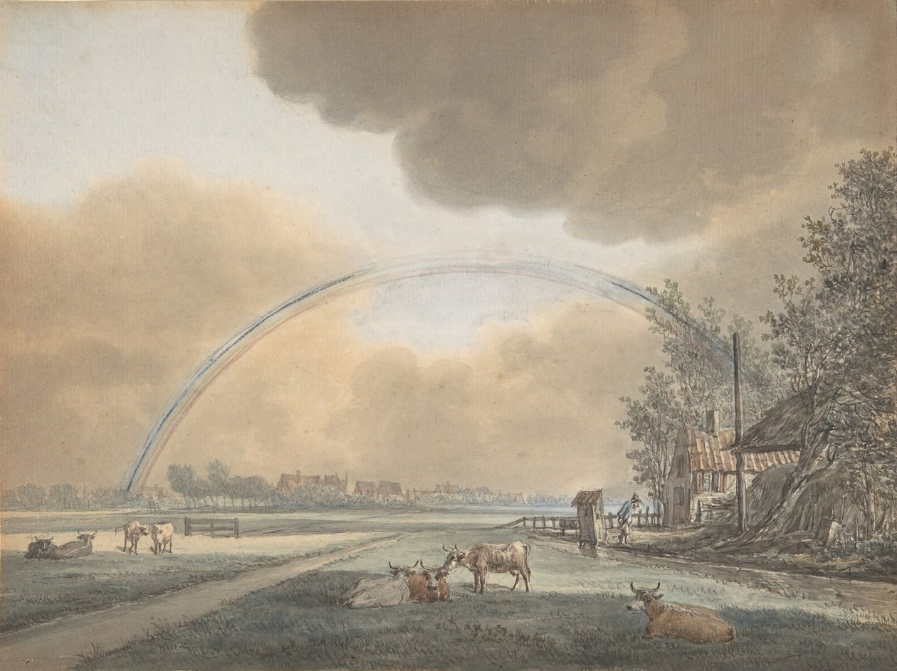Landskap med en regnbåge över en bondgård och en avlägsen by, n.d.. av Vincent Jansz. van der Vinne