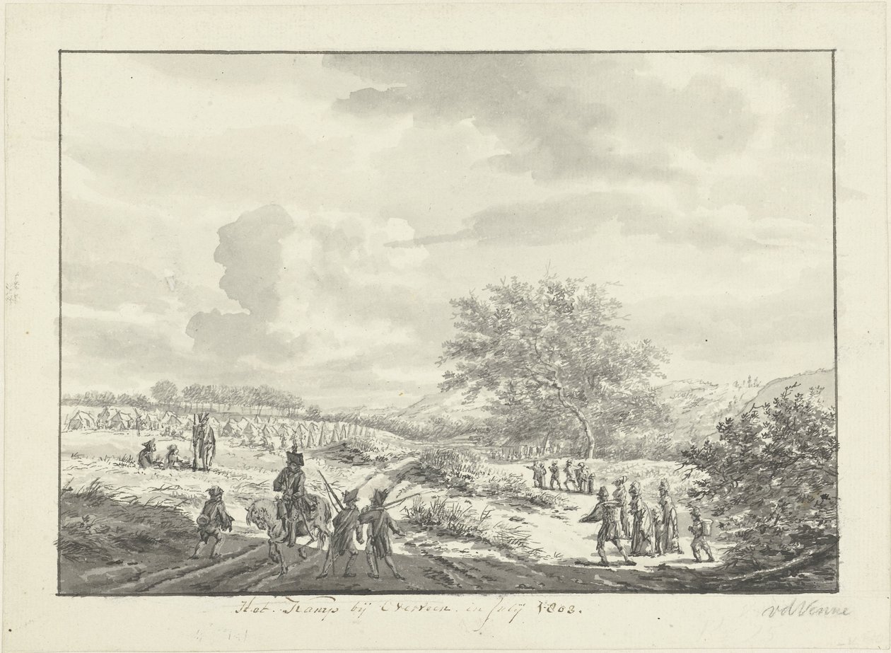 Arméläger i sanddynerna nära Overveen i juli 1803 Lägret nära Overveen, i juli 1803 (titel på objekt) av Vincent Jansz. van der Vinne