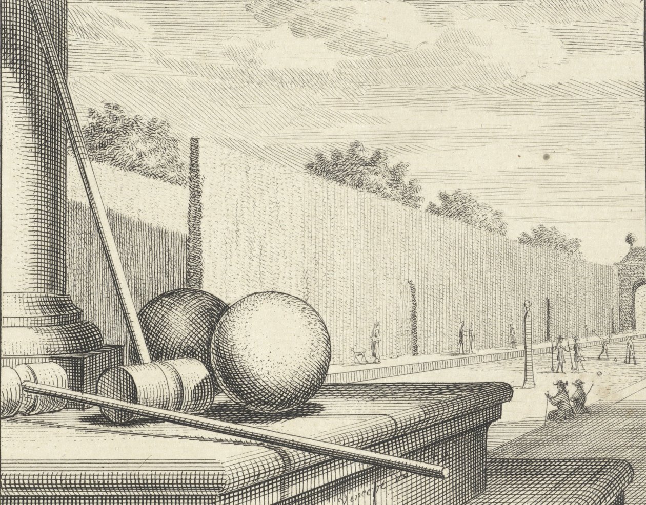 背景にクロケット選手がいるクロケットの属性、1714年スウェーデン語 av Vincent Laurensz Vinne van der