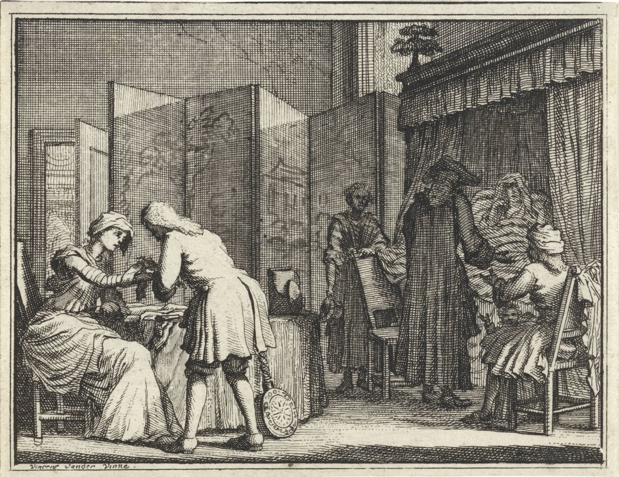 Figurer runt en sjuksäng och en läkare som kopplar ihop en kvinna av Vincent Laurensz. van der Vinne (II)