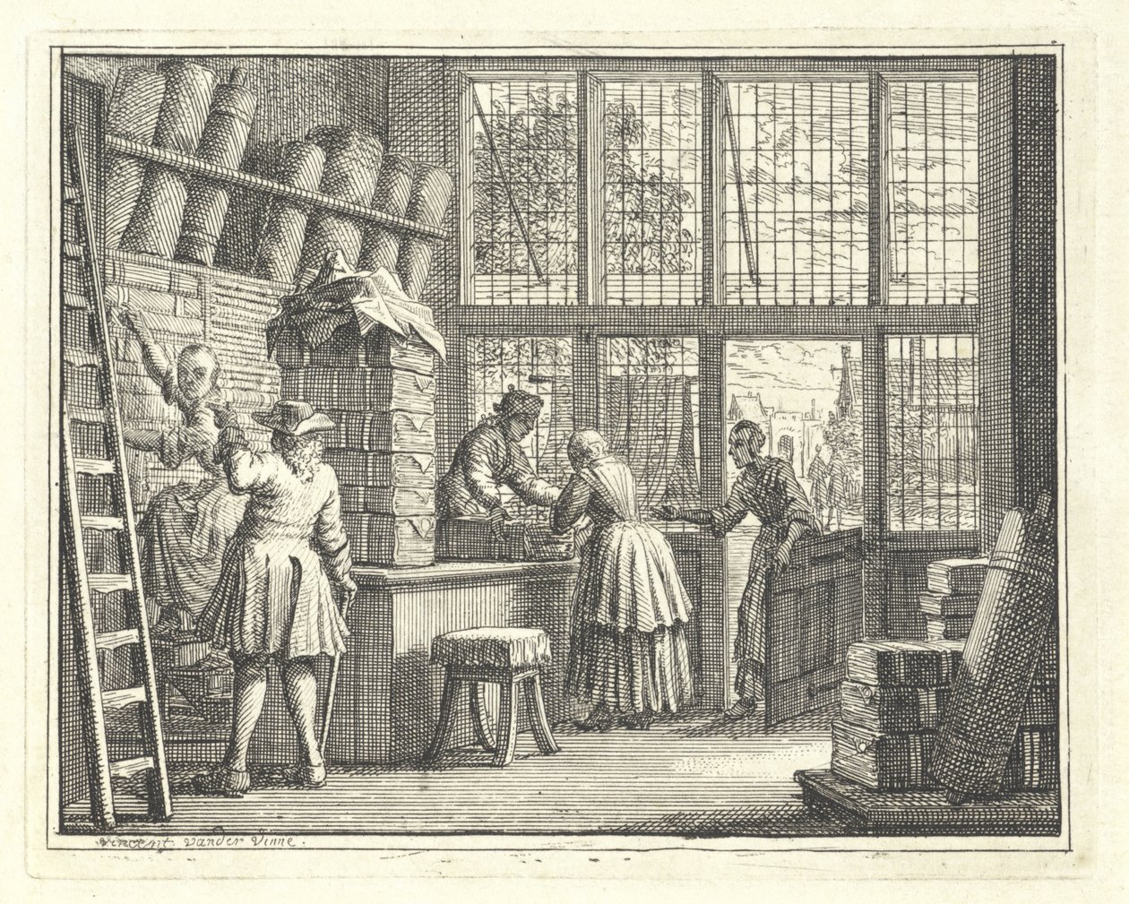 Interiör i en tygaffär av Vincent Laurensz. van der Vinne (II)
