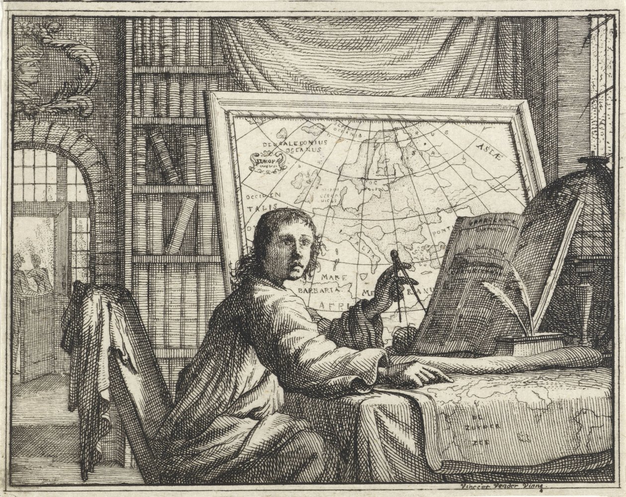 Man med kompass på kartor av Vincent Laurensz. van der Vinne (II)