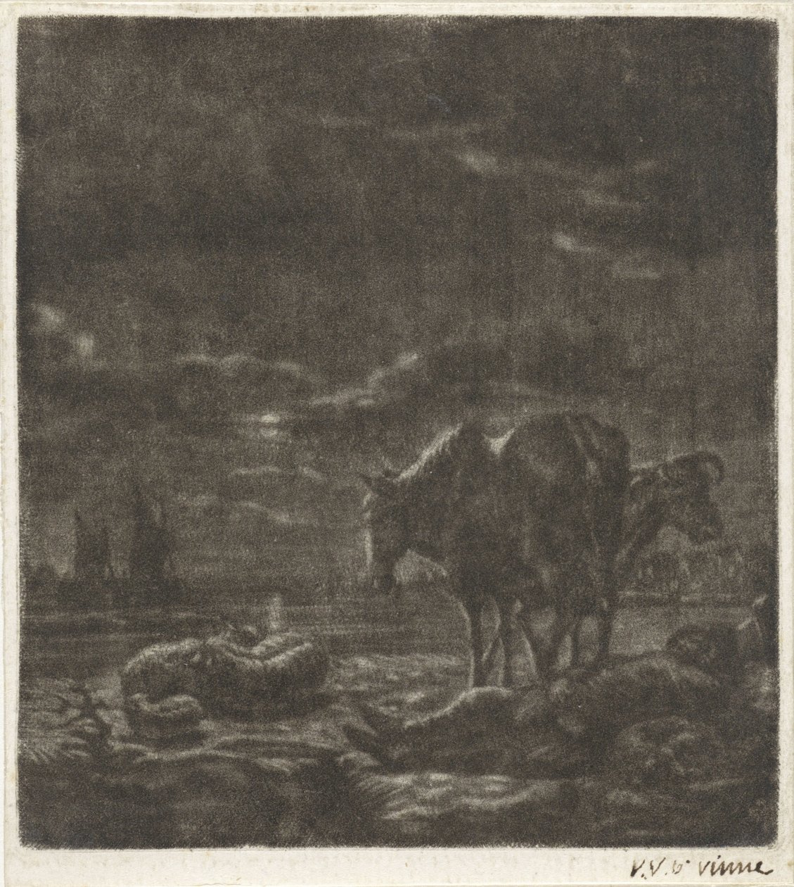 Nattlandskap med sovande herde och boskap av Vincent Laurensz. van der Vinne (II)