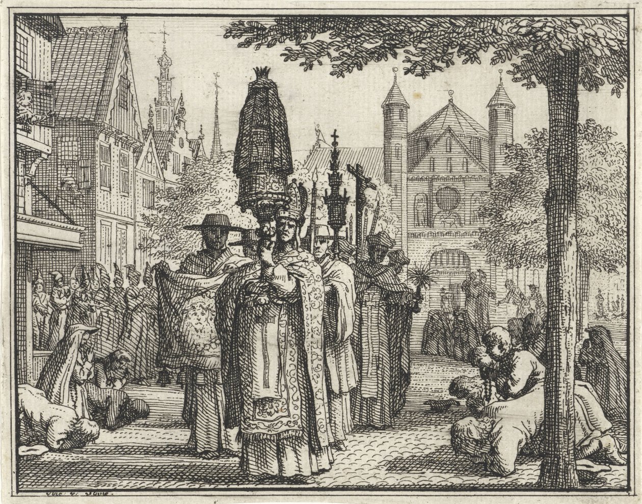 Procession med en staty genom en gata av Vincent Laurensz. van der Vinne (II)