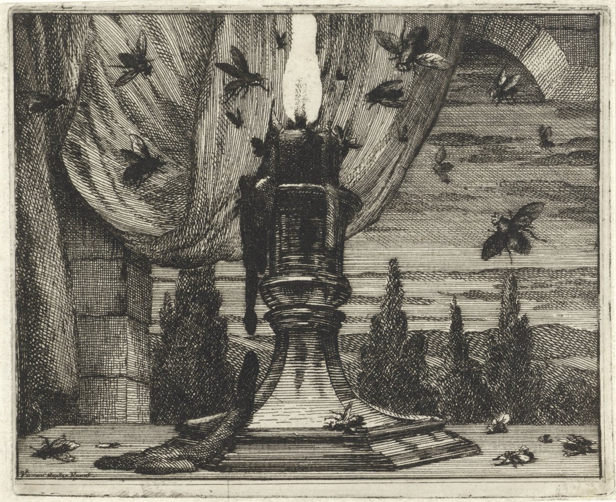 Flugor attraheras av ljuset från ett ljus av Vincent Laurensz. van der Vinne (II)