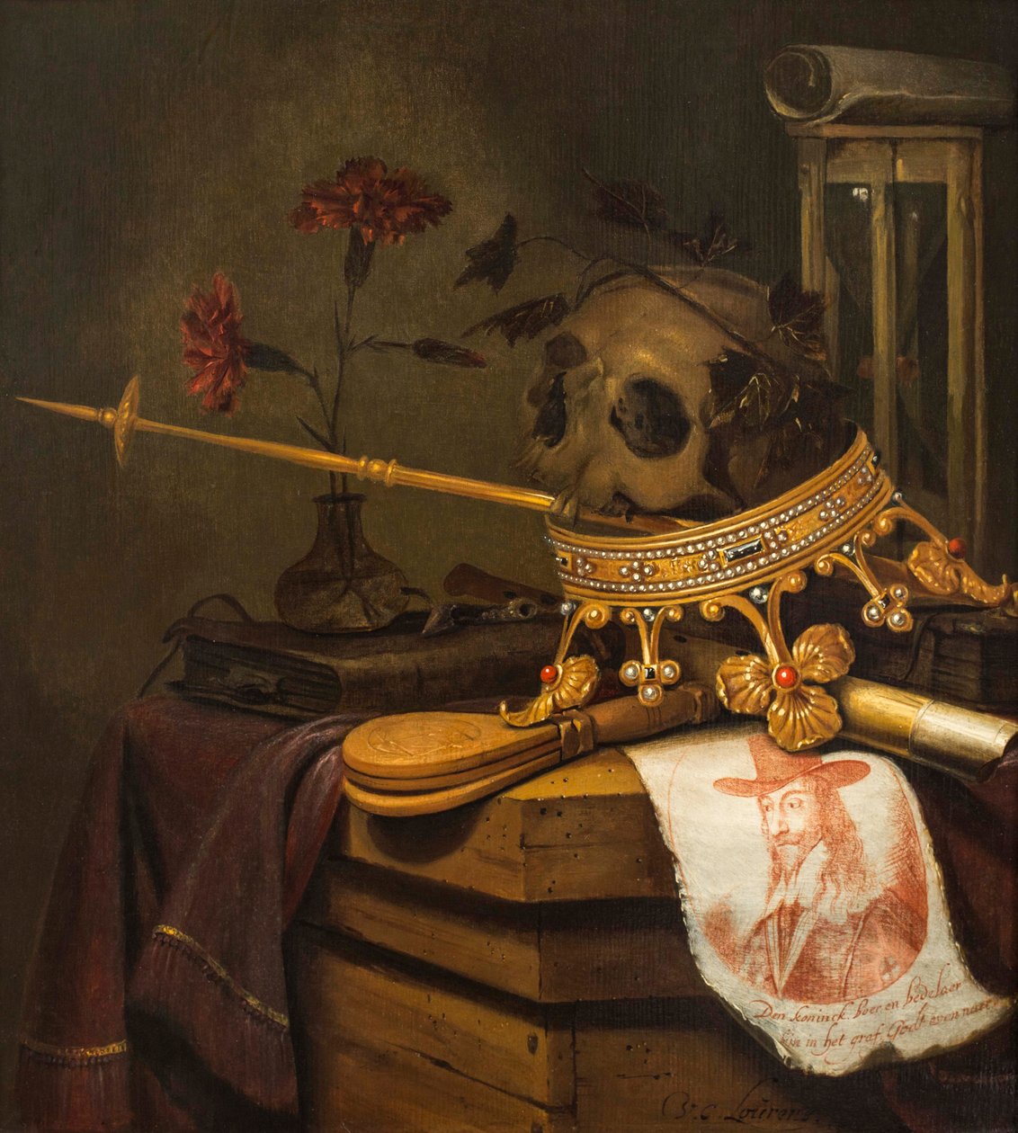 Ett Vanitas stilleben med en skalle, krona, spira, flöjt, bälg, timglas, nejlikor i en glasvas, rulla, bok och ett graverat porträtt av Charles I av Vincent Laurensz van der Vinne