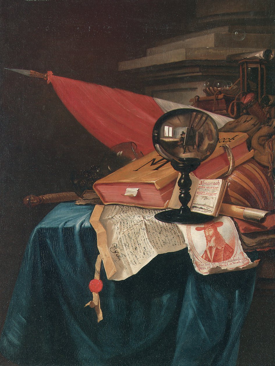 Vanitas stilleben med konstnären vid sitt staffli reflekterat i en kristallkula av Vincent Laurensz van der Vinne