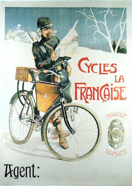Soldat med sin cykel läser en karta, affisch med reklam för cyklerna "La Francaise" (litho i färg) av Vincent Lorant Heilbronn