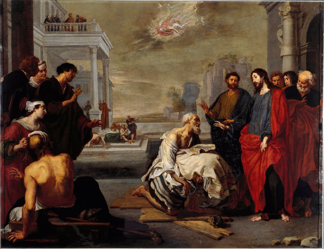 Jesus oroade mirakulöst en förlamning vid Capharnaum Målning av Vincent Malo (ca. Genes, National Gallery of Palazzo Spinola Italien av Vincent Malo