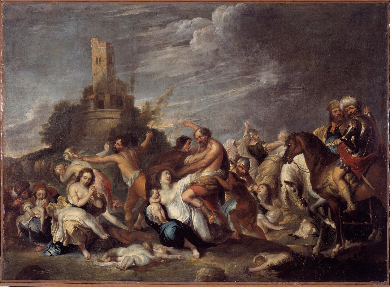 The Massacre of the Innocents Målning av Vincent Malo (ca 1600-1650) 1634 Från Oratory San Silvestro, Genes Musei di Strada Nuova (ex Palazzo Bianco) gener av Vincent Malo