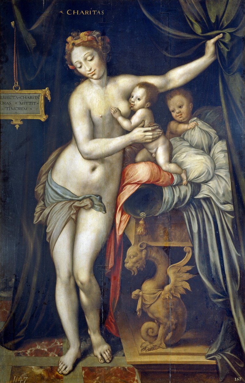 Charity par Vincent Sellaer (1490-1564), ca 1555 - Olja på trä av Vincent Sellaer