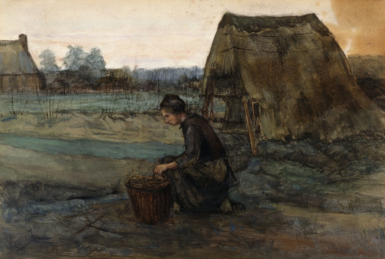 En knästående bondkvinna framför en hydda; Bondekvinna som knäböjer framför en hydda, 1883 av Vincent van Gogh