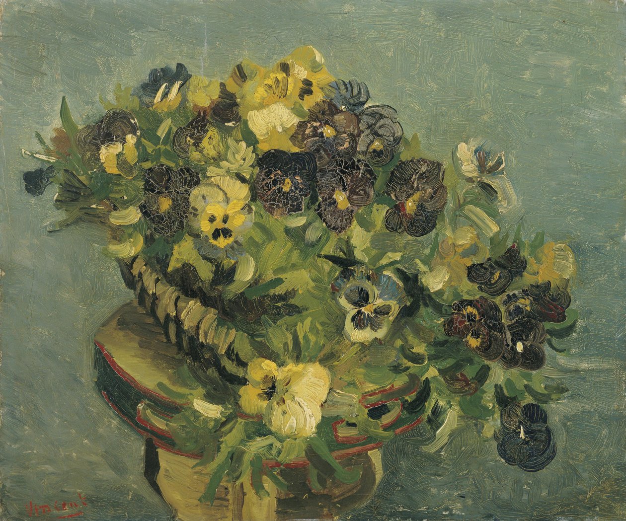 En korg med penséer på ett litet bord av Vincent van Gogh