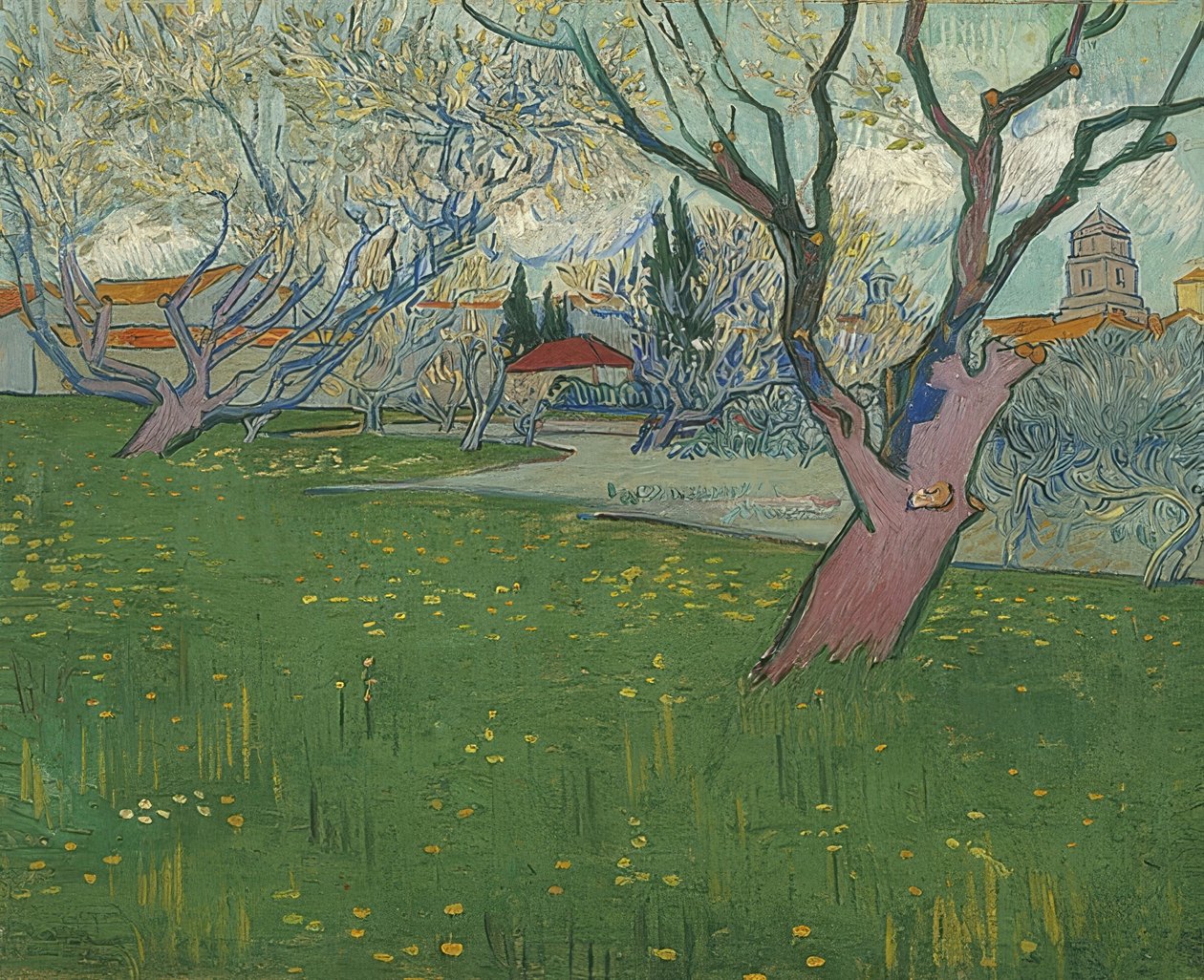 Blommande fruktträdgård med utsikt över Arles. 1889 av Vincent van Gogh