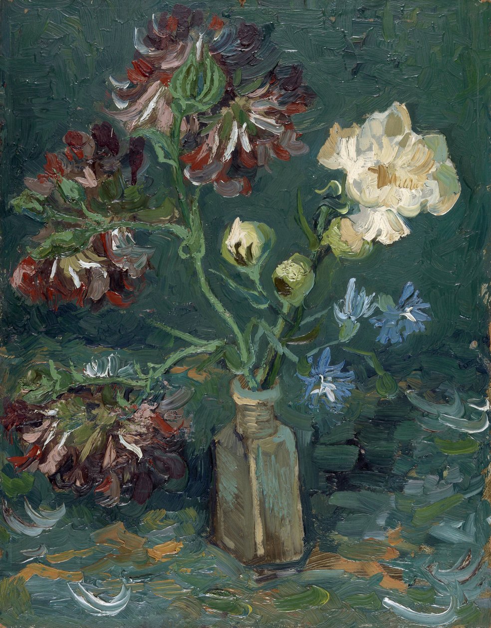 Flaska med pioner och blå delphiniums av Gogh, Vincent, van (1853-1890). Olja på kartong, storlek: 34,5x27 av Vincent van Gogh