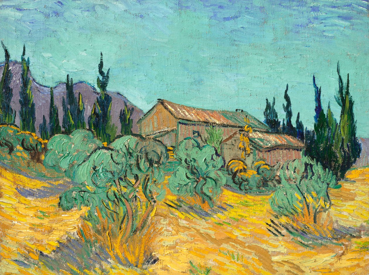 Trähyddor bland olivträd och cypresser av Vincent van Gogh