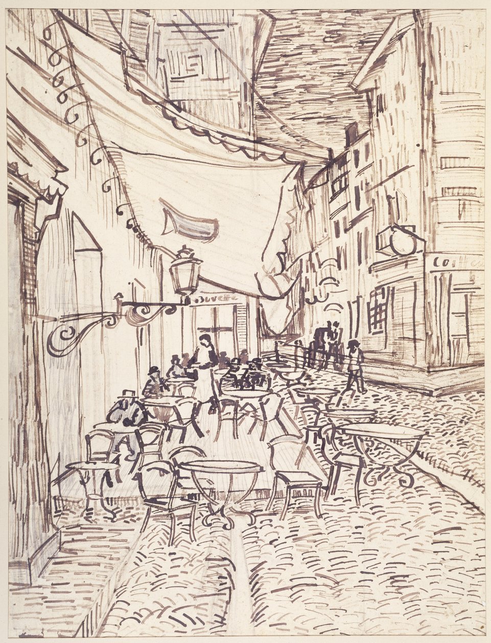 Cafe Terrace at Night, september 1888 (rörpenna och bläck med grafit på lagt papper) av Vincent van Gogh