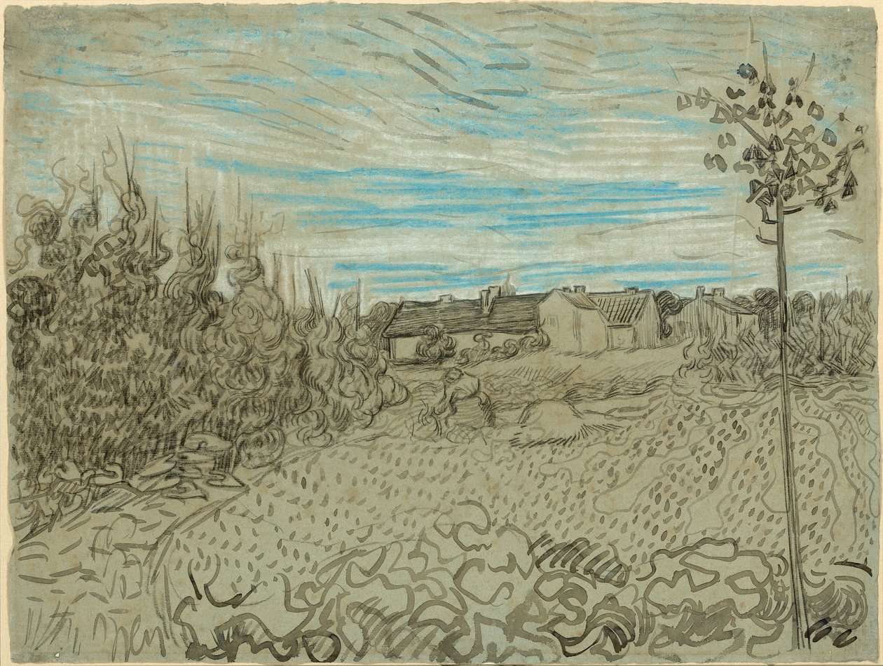 Stugor med en kvinna som arbetar i mittfältet av Vincent van Gogh