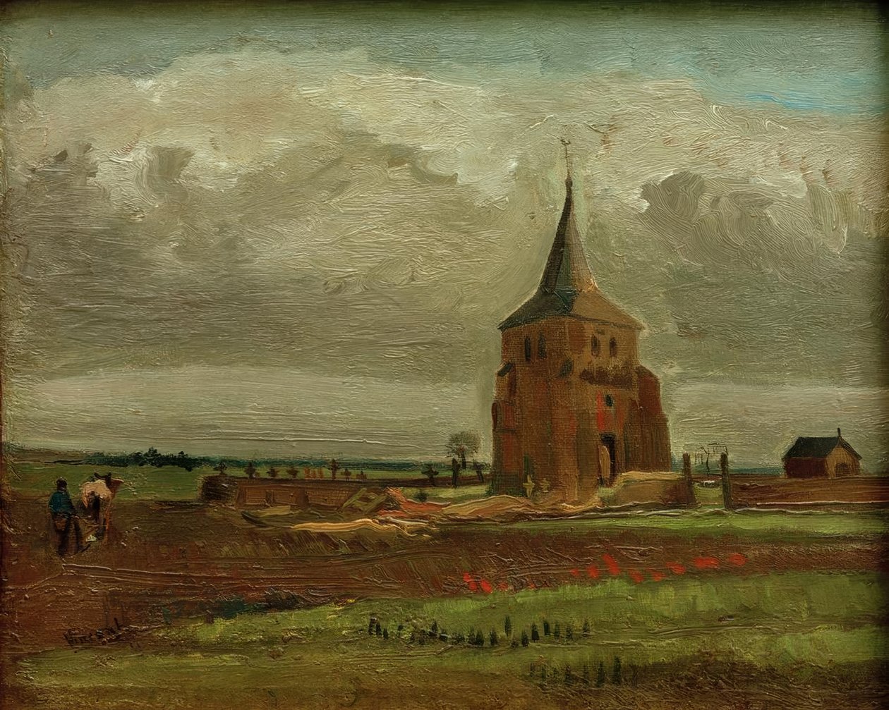 Det gamla kyrkogårdstornet i Nuenen med en plöjande bonde av Vincent van Gogh