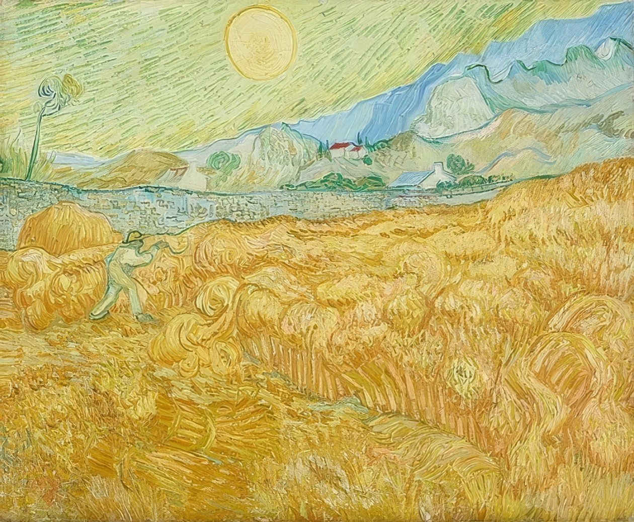 Skörden, sädesfält med skördemaskiner (La moisson). 1889 av Vincent van Gogh