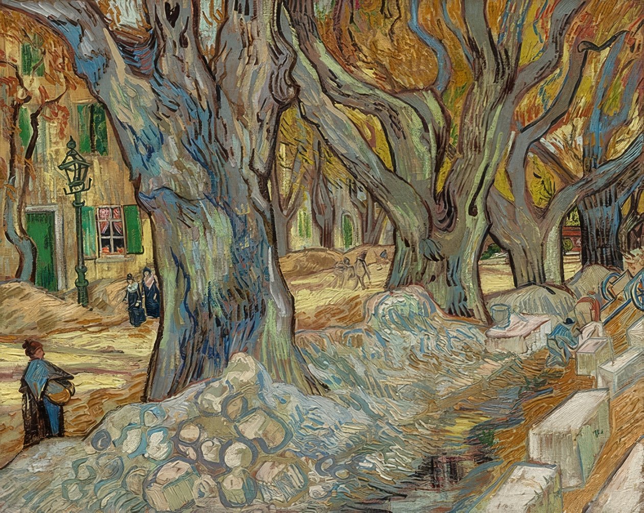 De stora platanerna (vägarbetare i Saint-Rémy). 1889 av Vincent van Gogh
